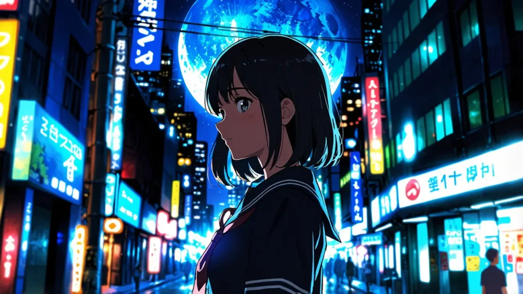 uruwashi-no-yoi-no-tsuki-top-schoolgirl-in-uniform-under-a-large-evening-moon-in-a-neon-lit-street