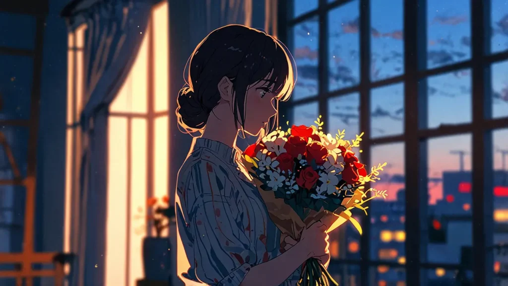 the-tears-for-withered-flowers-korean-version-overview-woman-holding-a-withering-bouquet-by-a-window-at-dusk