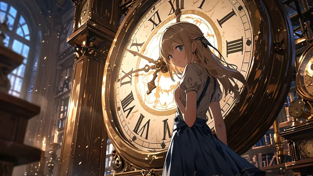 yomei-wazuka-no-wakiyaku-reijou-original-work-truth-girl-standing-before-a-giant-antique-clock