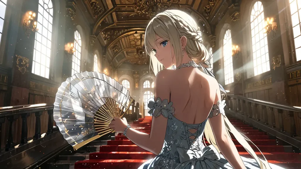 yomei-wazuka-no-wakiyaku-reijou-character-guide-noble-lady-with-a-fan-on-a-grand-staircase