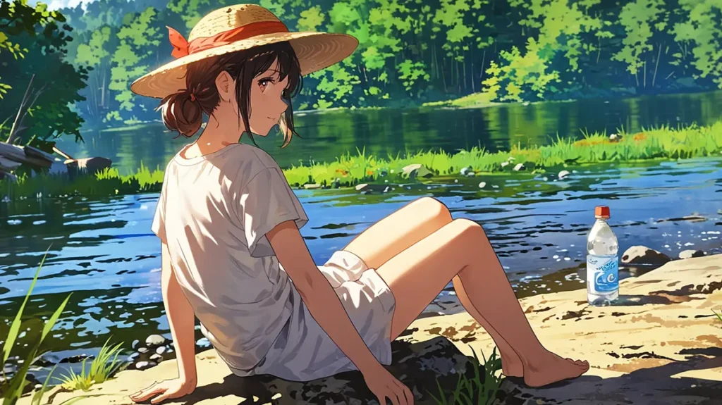 the-jimoto-saiko-where-to-read-girl-resting-by-a-summer-riverbank-in-a-straw-hat