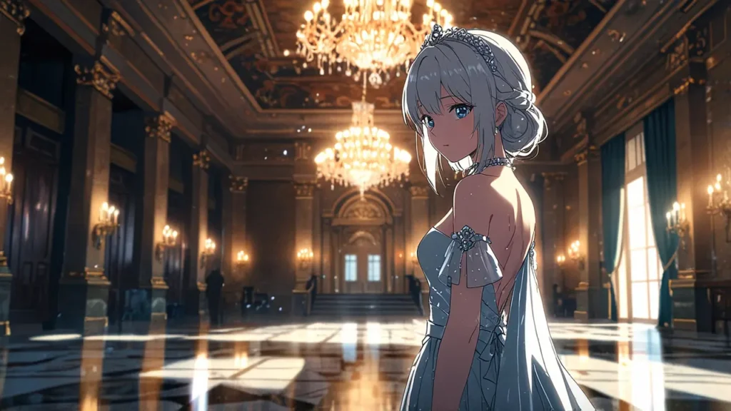 yomei-wazuka-no-wakiyaku-reijou-anime-status-overview-silver-haired-noble-lady-alone-in-a-grand-ballroom