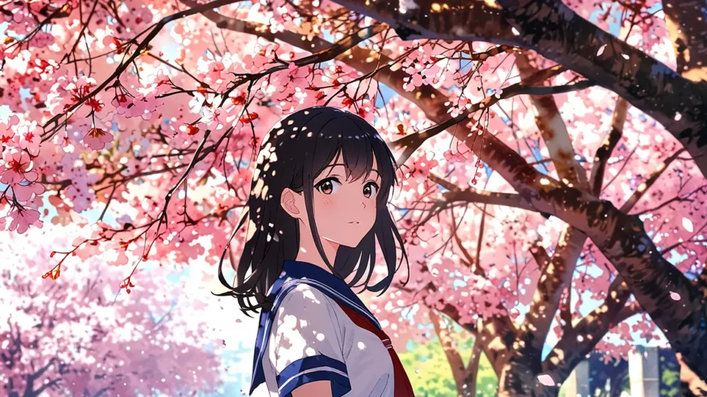 the-uruwashi-no-yoi-no-tsuki-similar-anime-schoolgirl-in-sailor-uniform-standing-under-cherry-blossoms