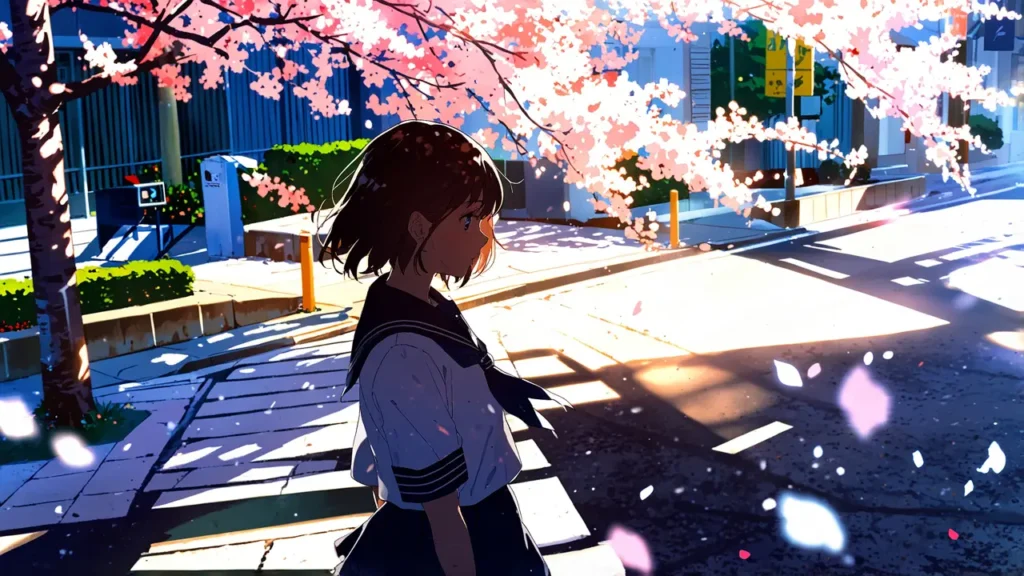the-beautiful-evening-moon-character-chart-schoolgirl-walking-under-cherry-blossoms