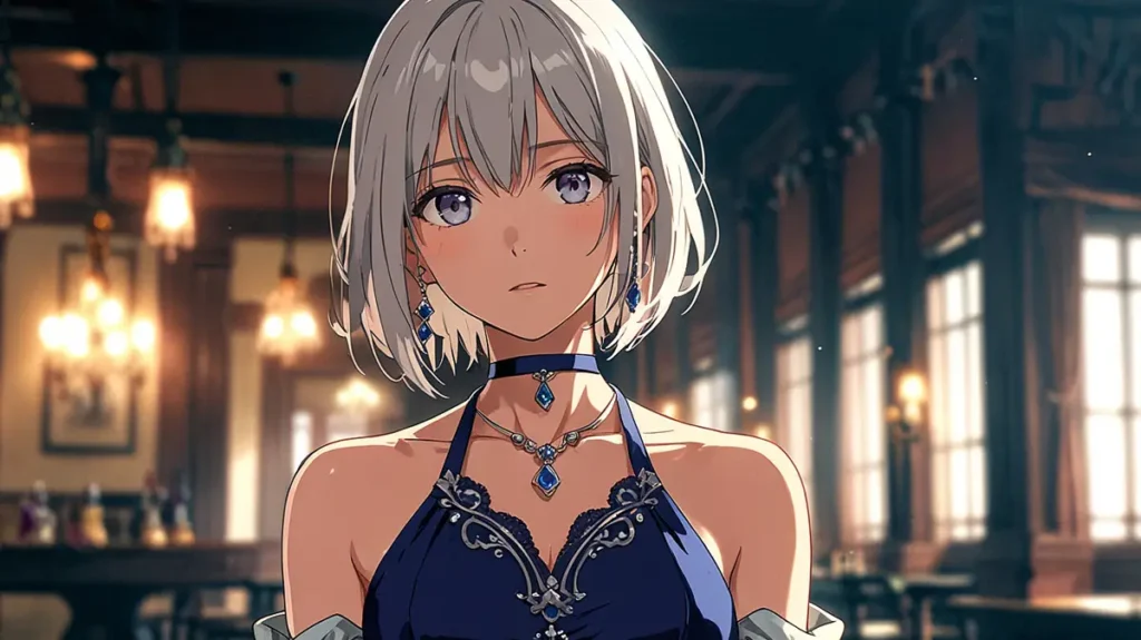 yomei-wazuka-no-wakiyaku-reijou-karina-second-child-silver-haired-girl-standing-in-a-lamplit-hall