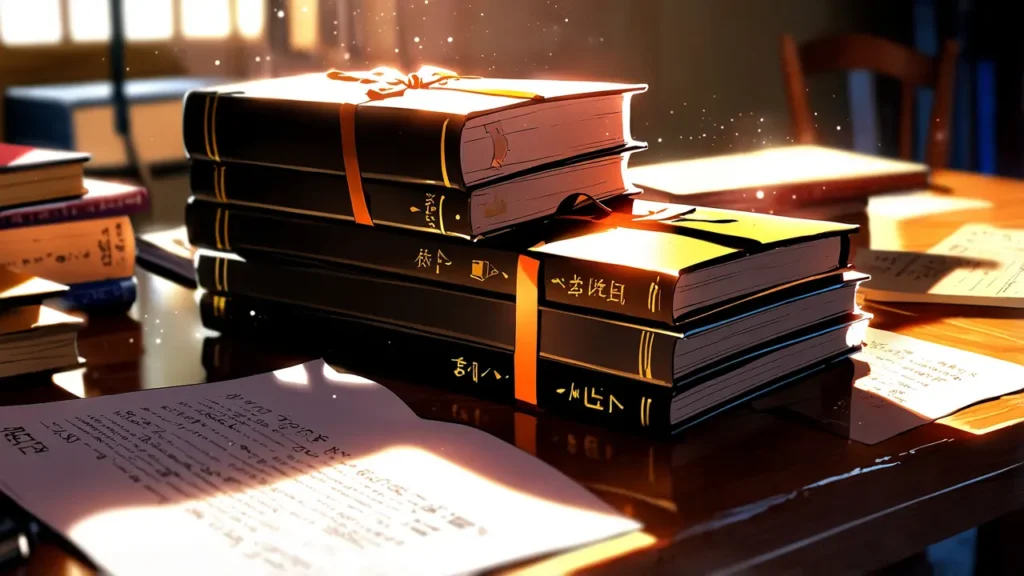 uruwashi-no-yoi-no-tsuki-latest-volume-stacked-hardcover-books-on-a-sunlit-desk