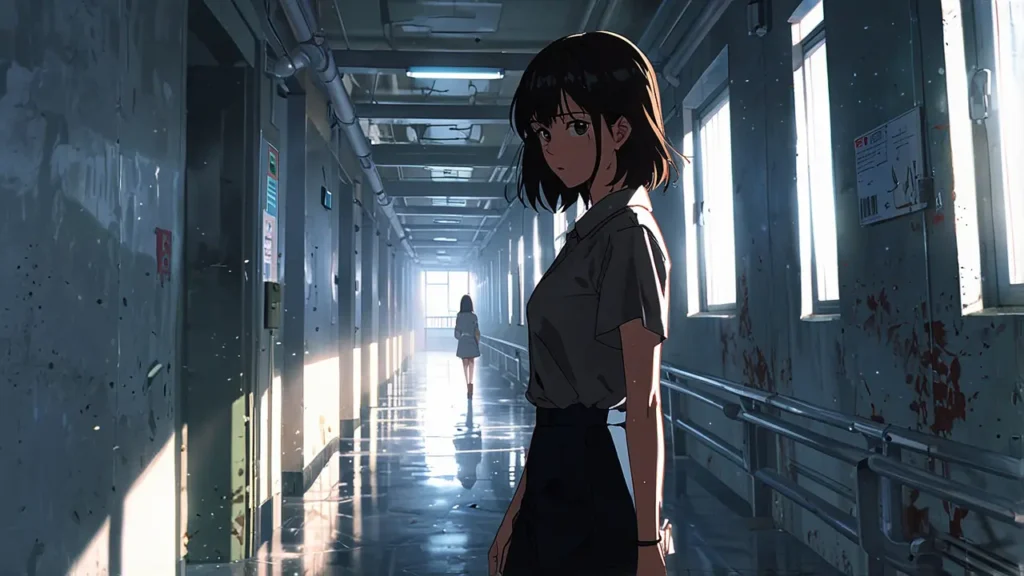 the-tears-for-withered-flowers-episode-count-gap-woman-standing-in-a-long-empty-corridor
