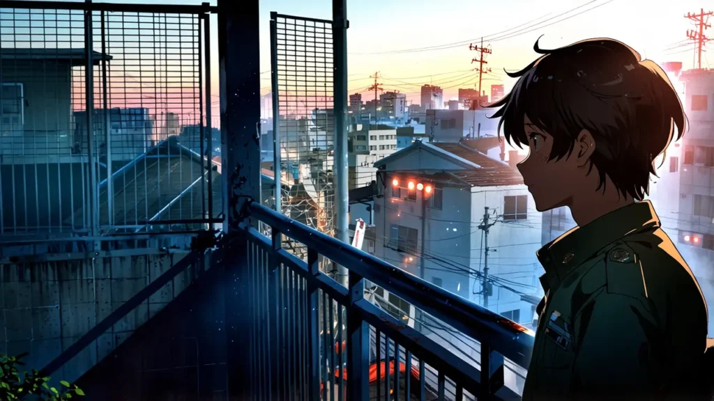 the-uruwashi-no-yoi-no-tsuki-chapter-41-yanagi-male-student-looking-over-a-railing-at-a-town-at-dusk