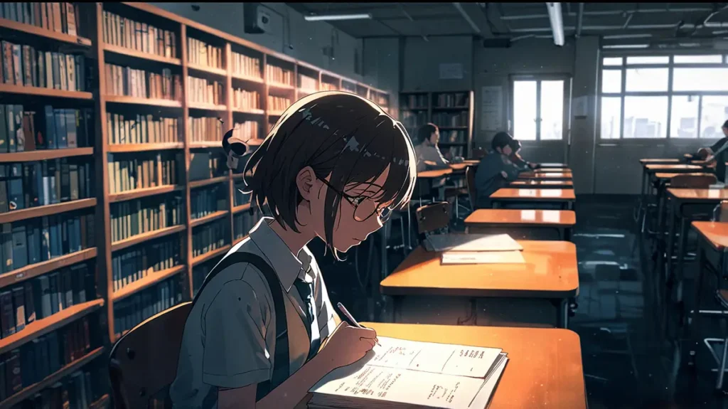 yomei-wazuka-no-wakiyaku-reijou-not-found-on-narou-student-searching-papers-at-a-library-desk