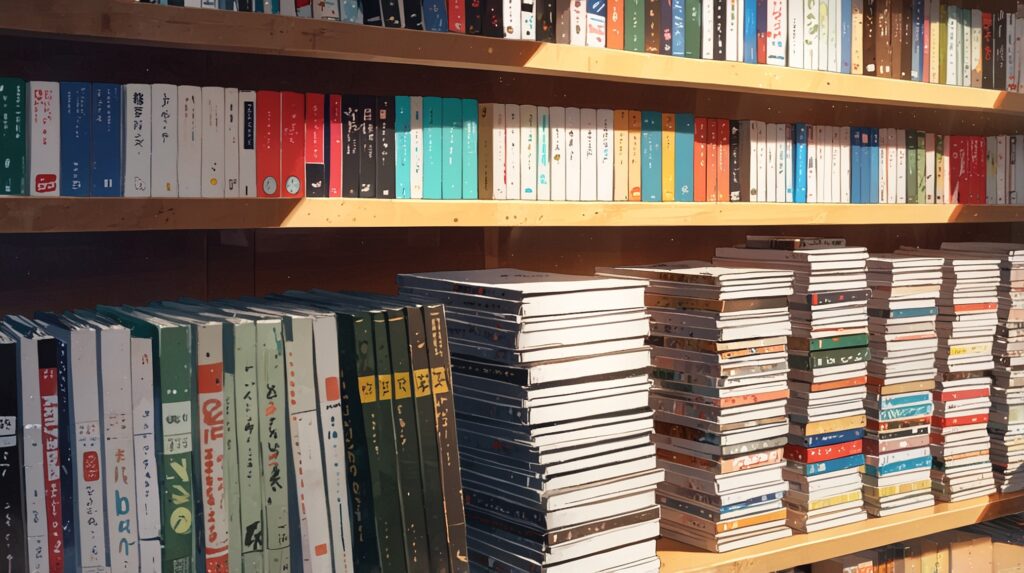the-uruwashi-no-yoi-no-tsuki-kiss-scene-list-row-of-comic-volumes-on-a-wooden-shelf