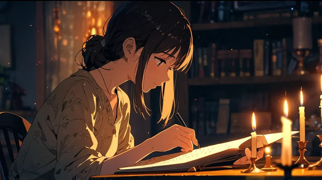 the-beautiful-evening-moon-volume-11-synopsis-girl-reading-a-book-by-candlelight