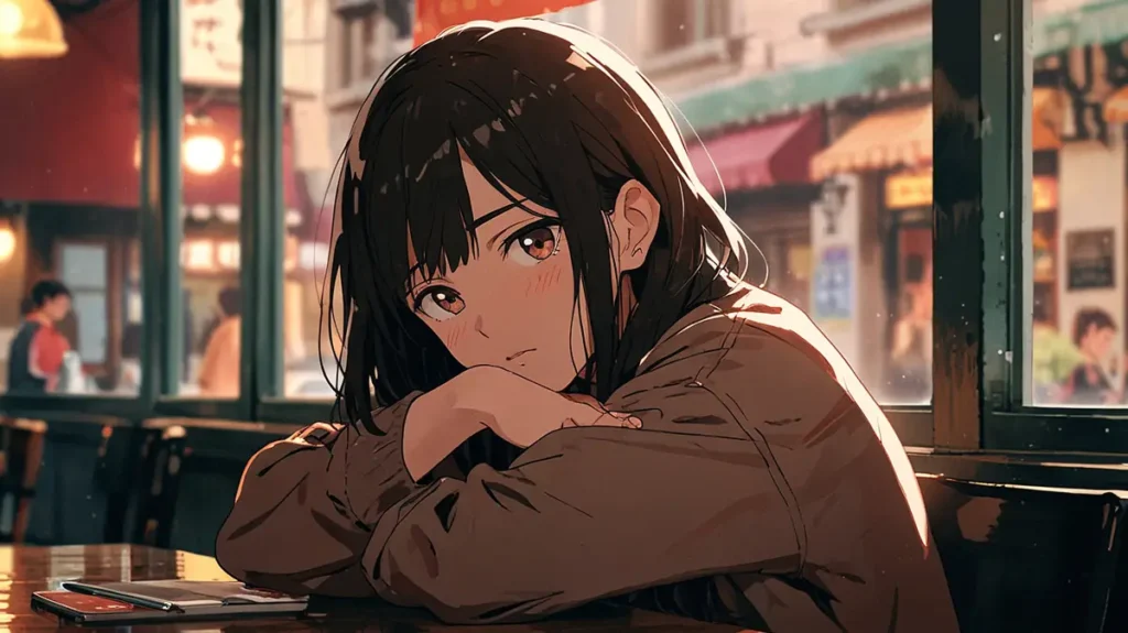 the-uruwashi-no-yoi-no-tsuki-similar-anime-young-woman-resting-her-chin-on-her-arms-in-a-night-cafe