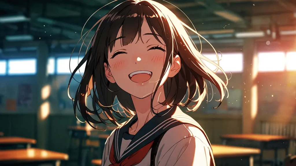 the-uruwashi-no-yoi-no-tsuki-lead-cast-high-school-girl-laughing-brightly-in-a-sunlit-classroom