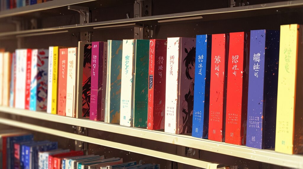 uruwashi-no-yoi-no-tsuki-latest-volume-row-of-comic-book-spines-lined-up-on-a-store-shelf