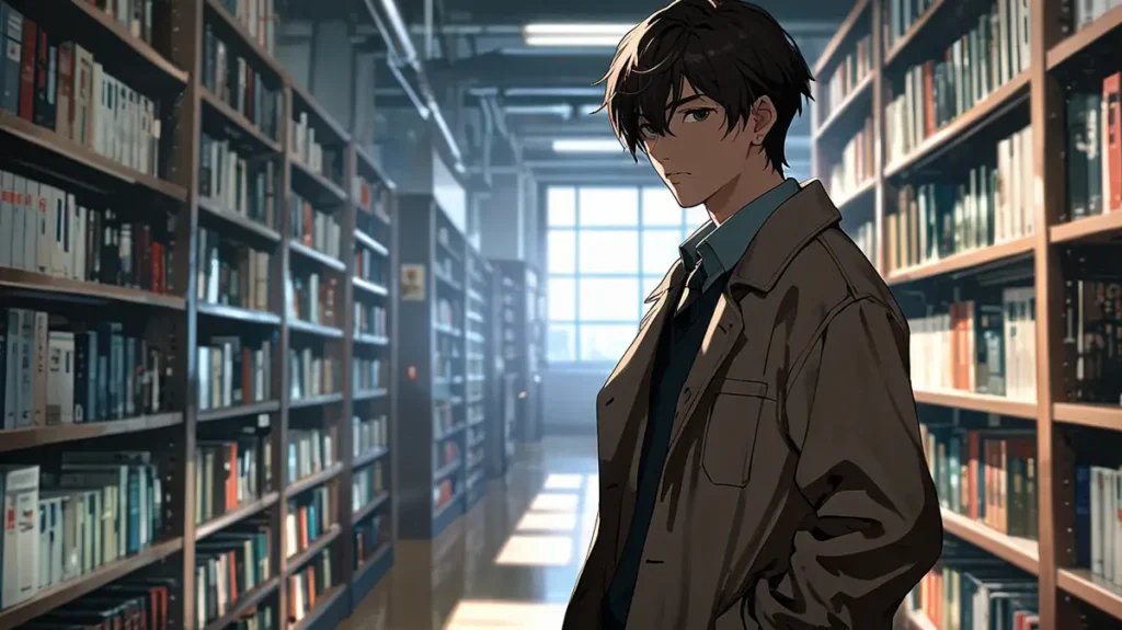 the-jimoto-saiko-manga-ebook-stores-man-browsing-tall-library-bookshelves