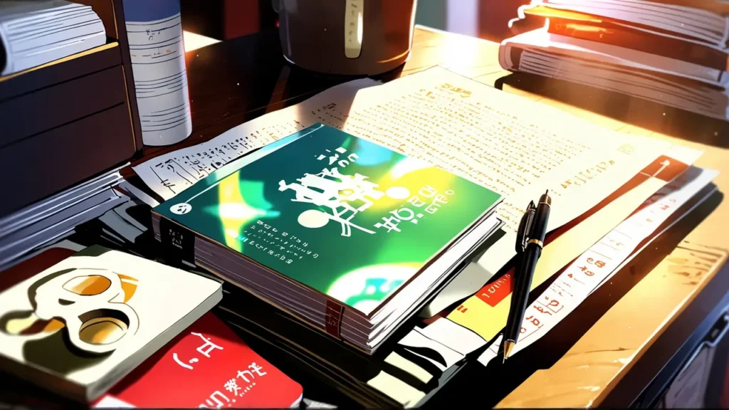 the-yomei-wakiyaku-reijou-episode-144-stacked-books-and-a-notebook-on-a-desk
