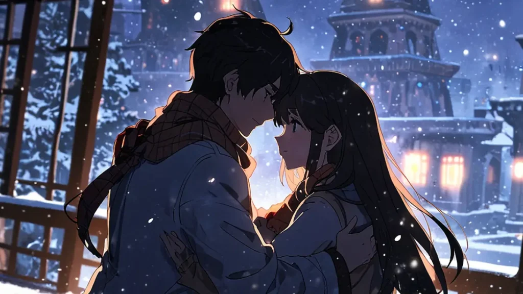 the-uruwashi-no-yoi-no-tsuki-chapter-42-two-people-facing-each-other-in-falling-snow-at-night