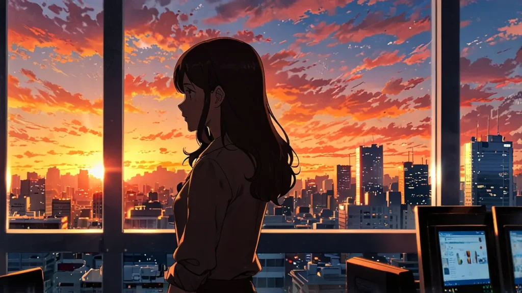 the-tears-for-withered-flowers-paid-early-release-woman-looking-out-an-office-window-at-sunset