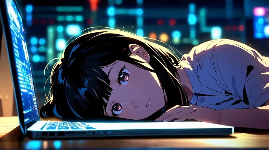 the-nihon-sangoku-free-app-chapters-girl-resting-beside-a-glowing-laptop-at-night