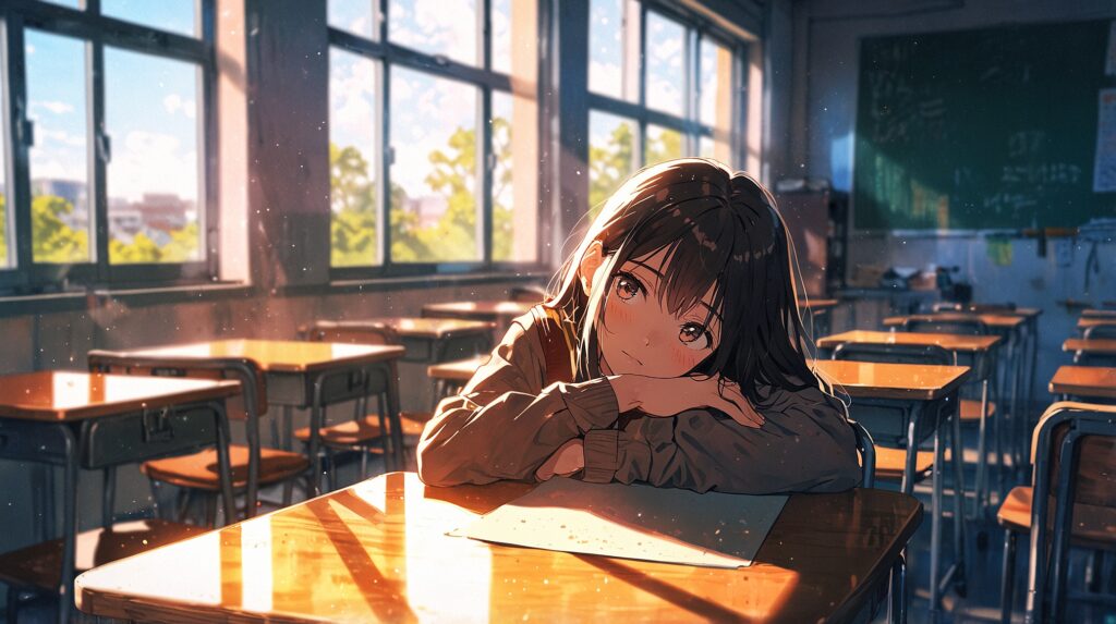 the-uruwashi-no-yoi-no-tsuki-episode-number-confusion-student-resting-her-chin-in-a-sunset-classroom