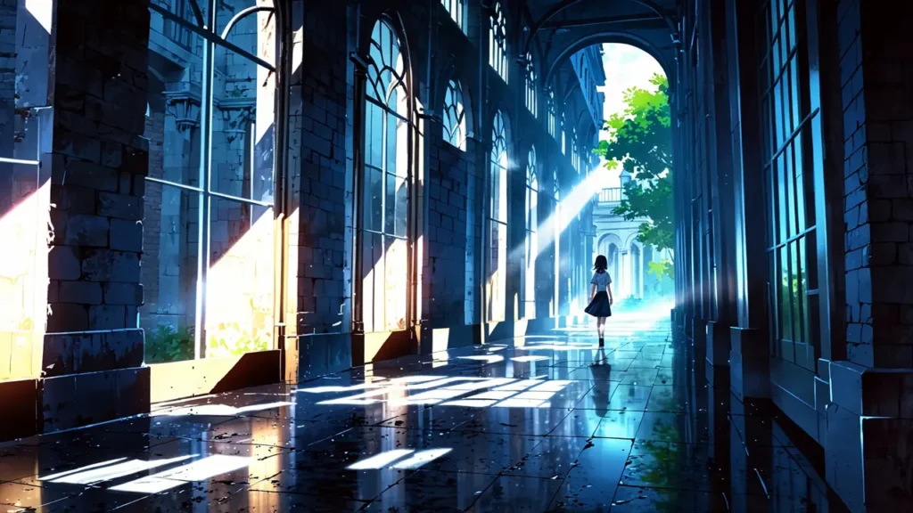 the-black-butler-release-pace-long-stone-corridor-with-evenly-spaced-windows