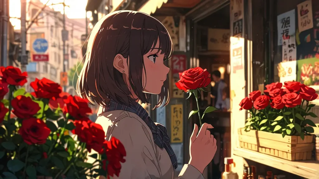 the-tears-for-withered-flowers-novel-misconception-woman-looking-at-red-roses-at-a-flower-stall