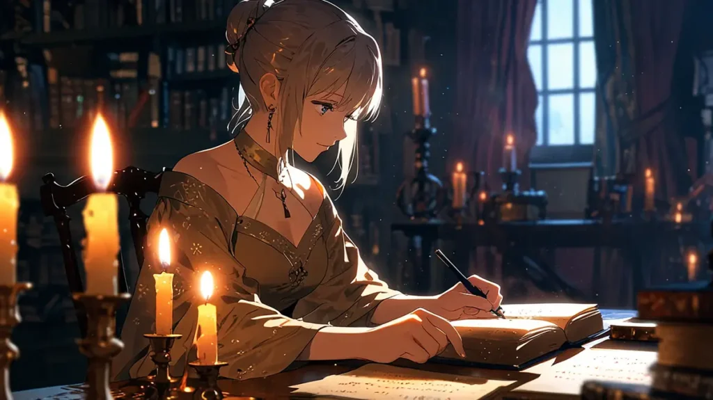 yomei-wazuka-no-wakiyaku-reijou-author-jaeunhyang-woman-writing-by-candlelight-in-a-dim-study