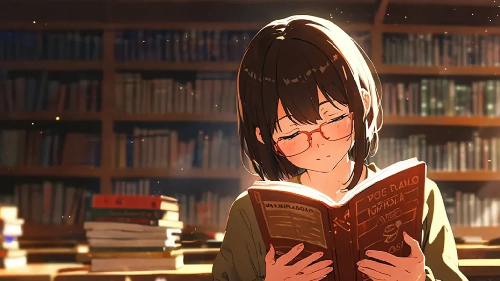 yomei-wazuka-no-wakiyaku-reijou-latest-episode-progress-girl-reading-among-stacked-books