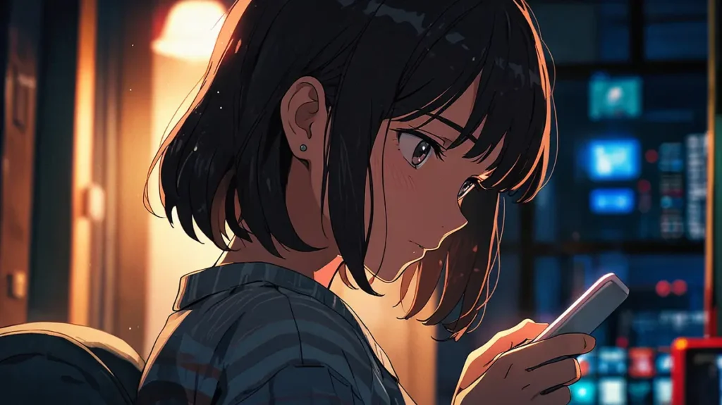 uruwashi-no-yoi-no-tsuki-free-trial-app-girl-checking-a-smartphone-screen-at-night