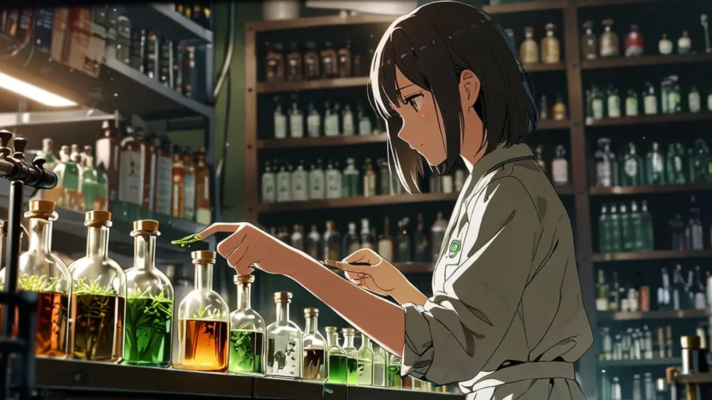 the-apothecarys-soliloquy-checking-official-information-woman-inspecting-bottles-on-a-shelf