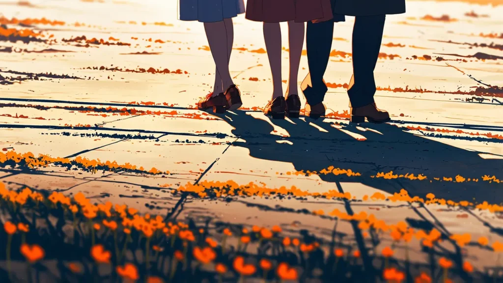 the-uruwashi-no-yoi-no-tsuki-trial-relationship-two-pairs-of-feet-with-long-shadows-on-a-sunlit-path