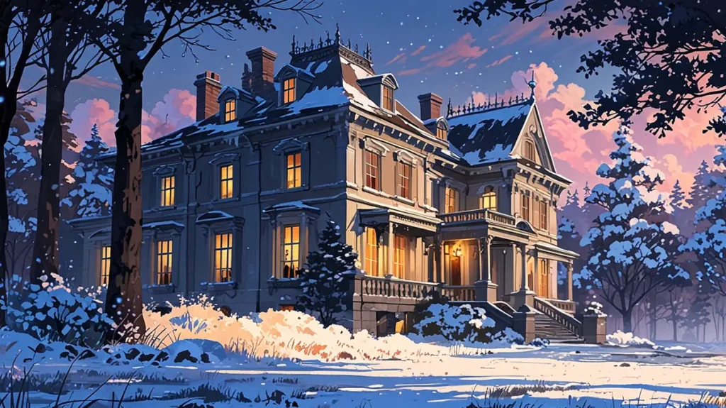 yomei-wazuka-no-wakiyaku-reijou-outdated-episode-info-snow-covered-mansion-at-dusk