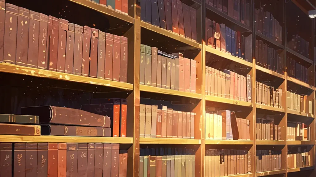 yomei-wazuka-no-wakiyaku-reijou-four-media-formats-rows-of-old-books-on-tall-wooden-shelves