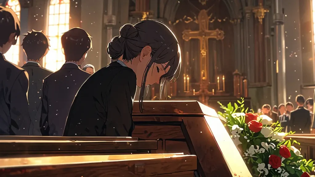 the-yomei-wakiyaku-reijou-karina-death-funeral-hall-filled-with-white-flowers