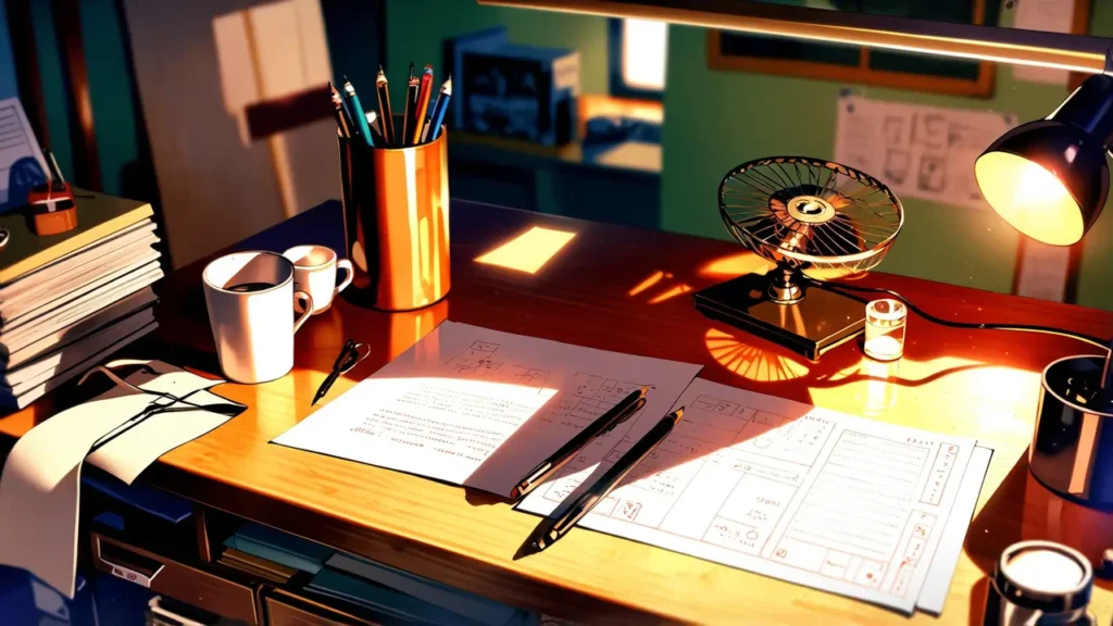 uruwashi-no-yoi-no-tsuki-petit-edition-and-novel-manuscript-papers-and-pens-under-a-desk-lamp