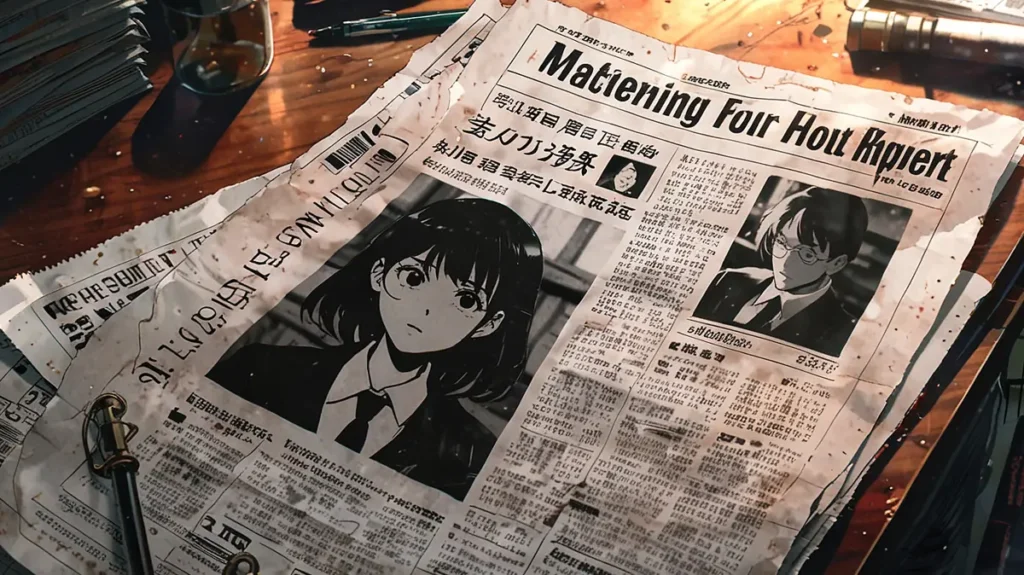 the-uruwashi-no-yoi-no-tsuki-announcement-timeline-newspaper-spread-with-a-portrait-on-a-wooden-desk
