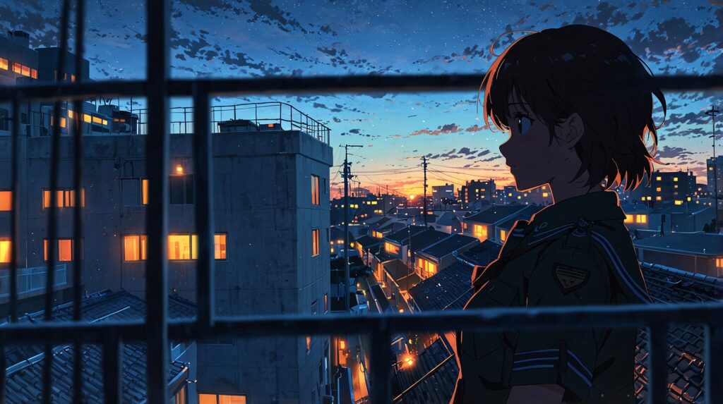 uruwashi-no-yoi-no-tsuki-final-volume-unannounced-student-silhouette-looking-over-a-town-at-dusk