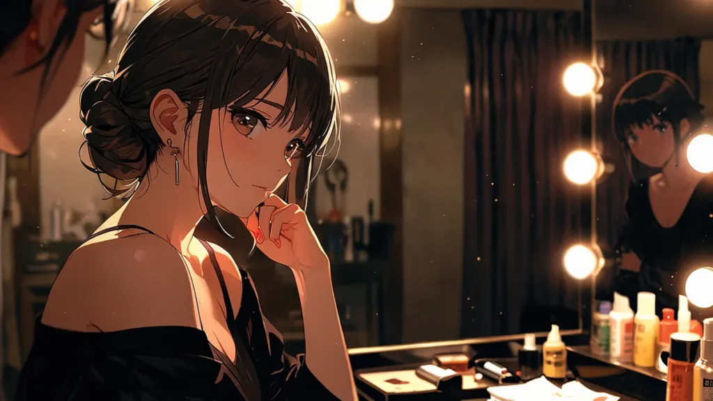 the-beautiful-evening-moon-home-styling-woman-getting-ready-at-a-bulb-lit-vanity-mirror