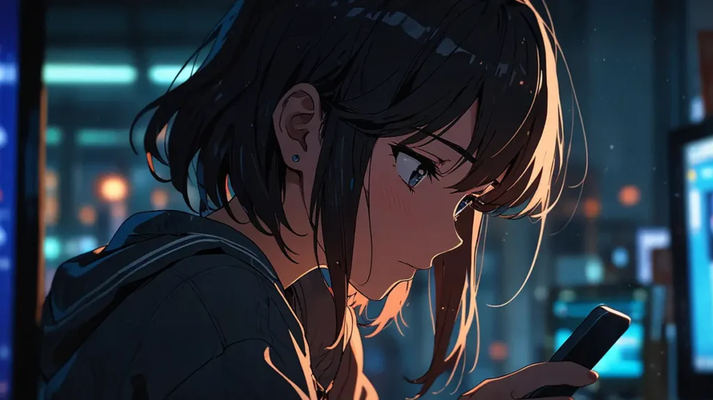 uruwashi-no-yoi-no-tsuki-store-reviews-girl-checking-a-smartphone-at-night
