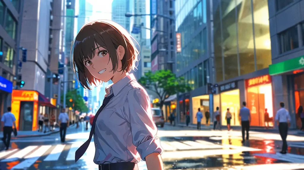 the-uruwashi-no-yoi-no-tsuki-similar-anime-student-looking-back-at-a-busy-city-crosswalk