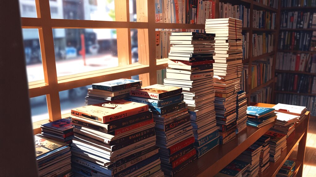 uruwashi-no-yoi-no-tsuki-release-intervals-stacks-of-books-piled-up-beside-a-tall-bookshelf