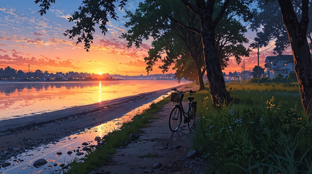 the-uruwashi-no-yoi-no-tsuki-chapter-43-5-riverside-path-at-dusk-with-a-single-bicycle