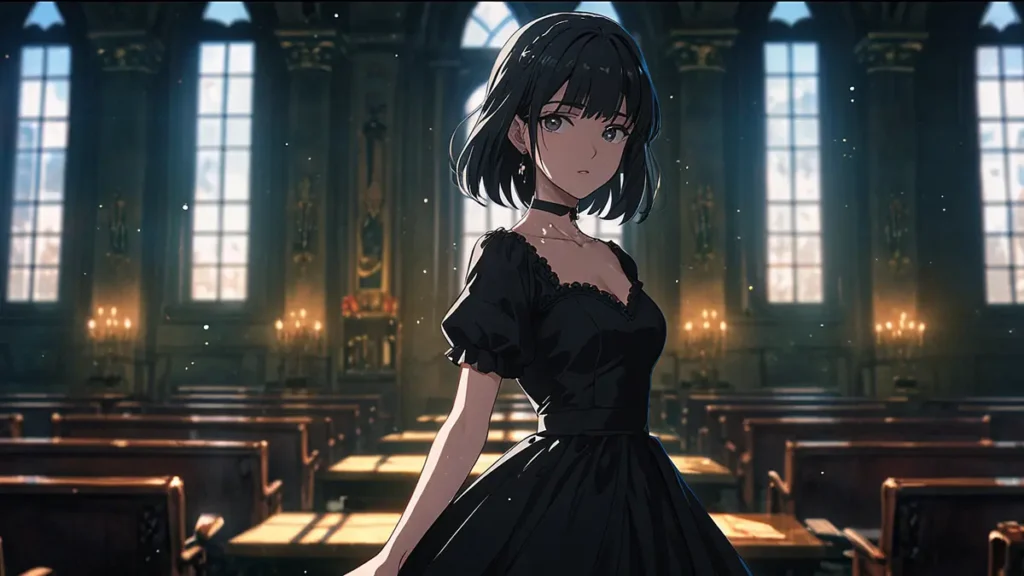 yomei-wazuka-no-wakiyaku-reijou-parents-attention-girl-in-a-black-dress-alone-in-an-empty-hall