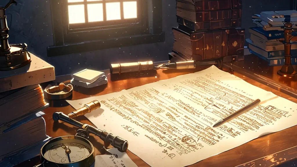 yomei-wazuka-no-wakiyaku-reijou-title-spelling-check-old-manuscript-and-magnifier-on-a-wooden-desk