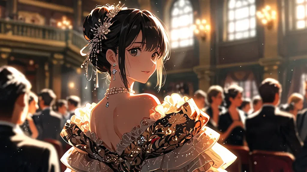 yomei-wazuka-no-wakiyaku-reijou-no-live-action-plan-lady-in-a-ball-gown-among-a-crowded-hall