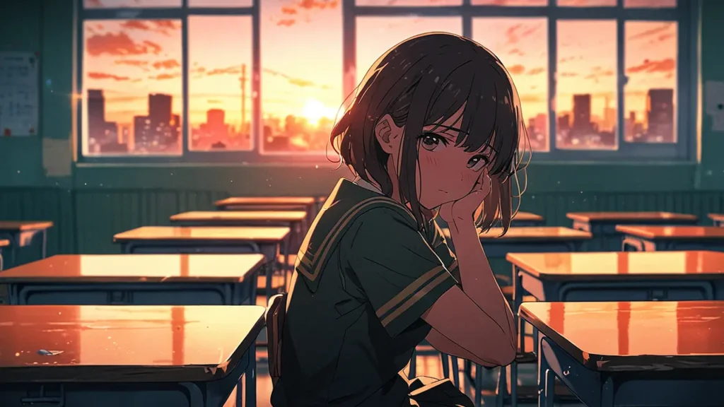 the-uruwashi-no-yoi-no-tsuki-similar-anime-schoolgirl-sitting-alone-in-a-classroom-at-sunset