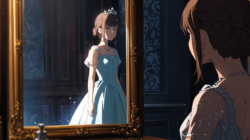 yomei-wazuka-no-wakiyaku-reijou-hiatus-versus-cancellation-girl-facing-her-reflection-in-a-tall-mirror