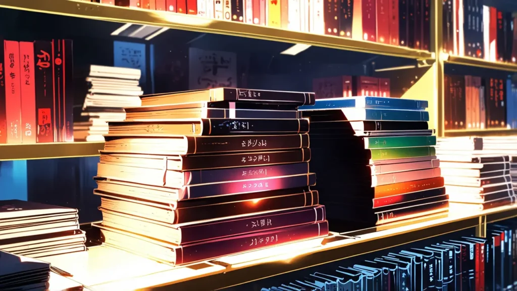 the-nihon-sangoku-latest-volume-count-stack-of-comic-volumes-on-a-wooden-shelf