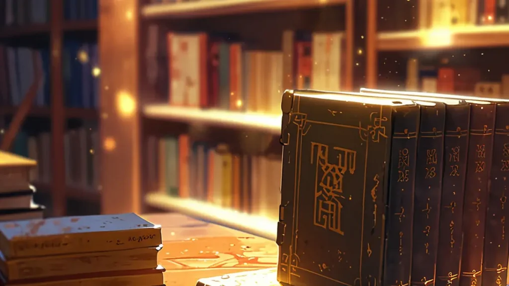 the-jimoto-saiko-manga-print-volumes-stacked-books-on-a-warm-lit-shelf