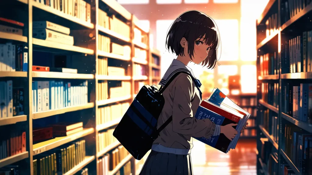 uruwashi-no-yoi-no-tsuki-volumes-schoolgirl-picking-a-book-from-a-bookstore-shelf